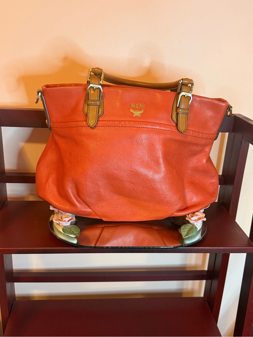 MCM Orange Leather Shoulder Bag with Tan Trim
